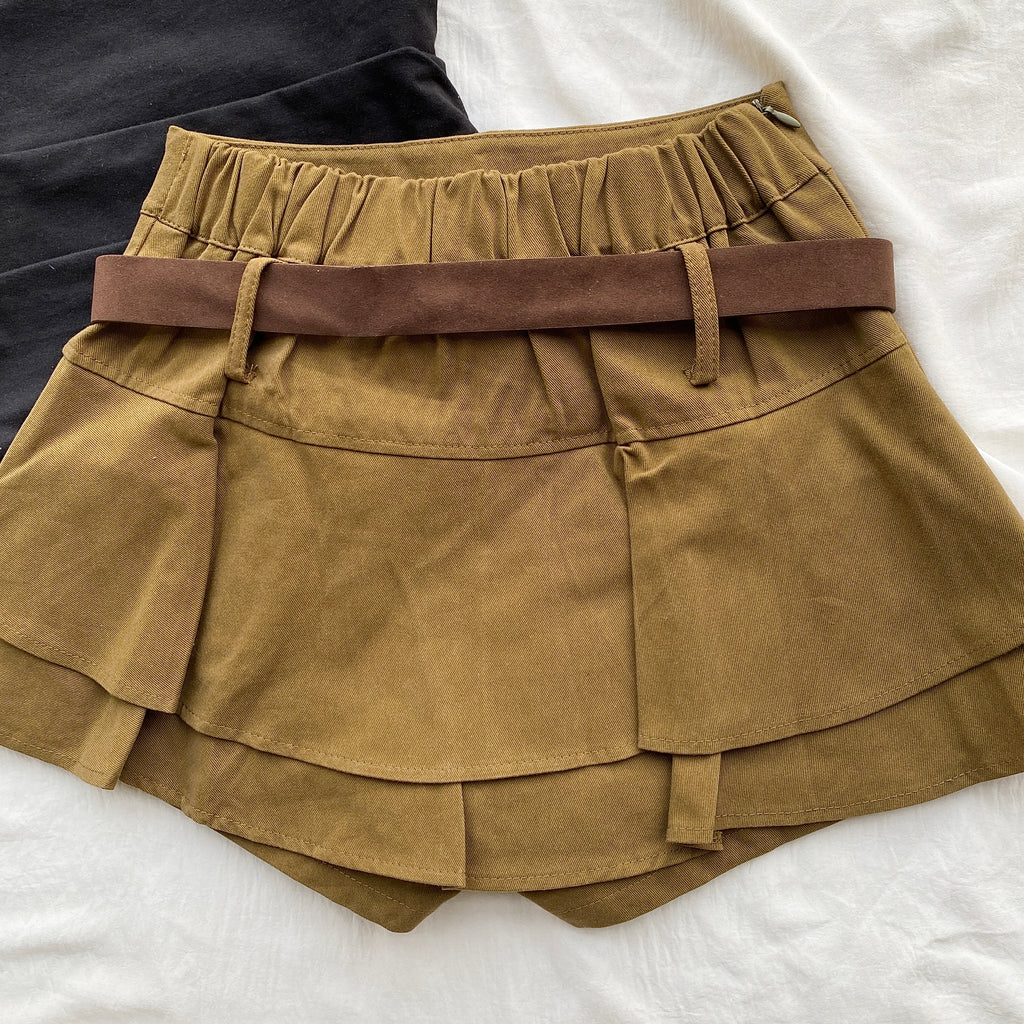 KHAKI TIERED SKIRT WITH BELT (Waist : 24-26)