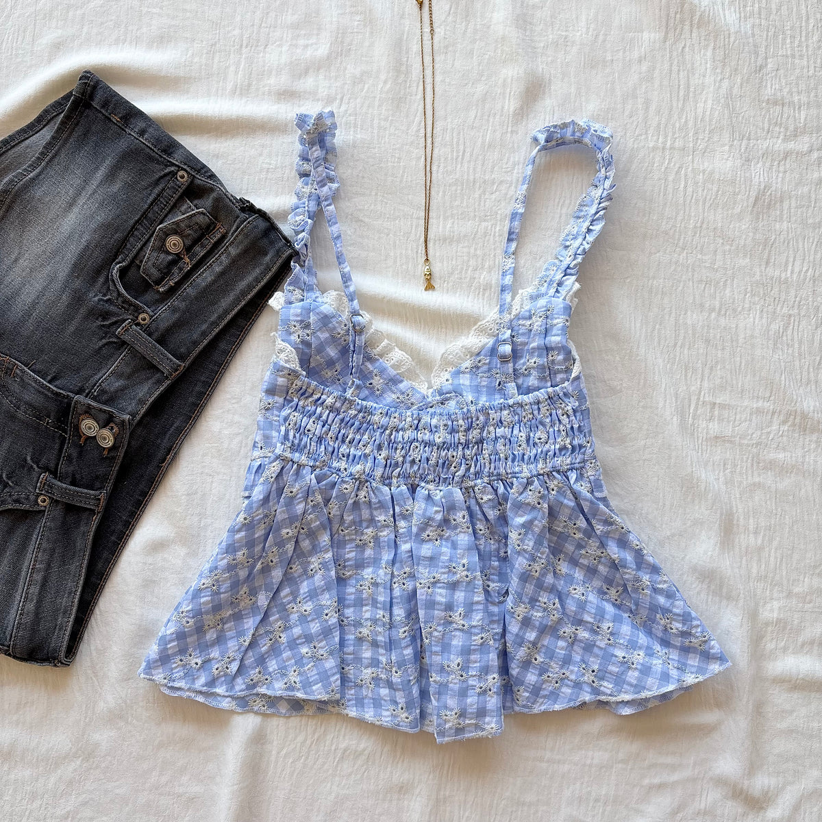 LOVE NOTE TOP IN BLUE GINGHAM (Bust : 28-32, Upper Waist : 23-28)