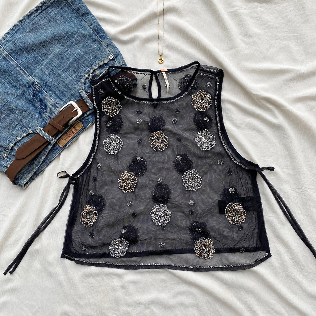 BLACK EMBELLISHED MESH TOP (Bust : 32-34, Upper Waist : 26-32)