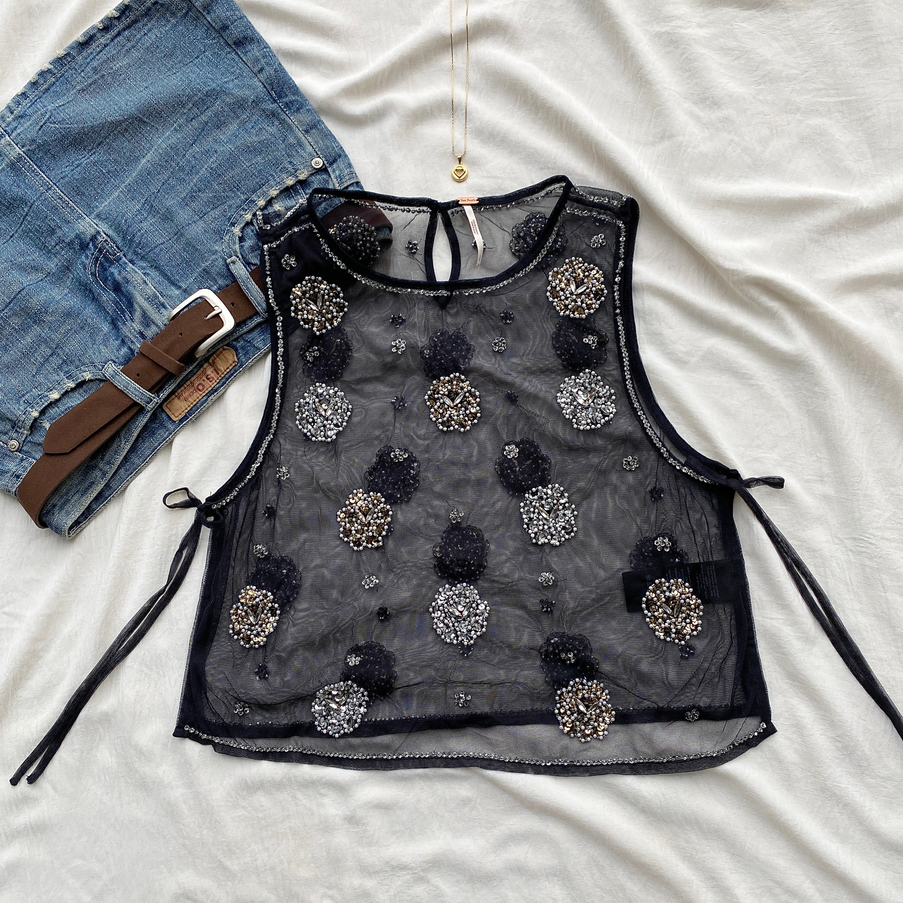 BLACK EMBELLISHED MESH TOP (Bust : 32-34, Upper Waist : 26-32)