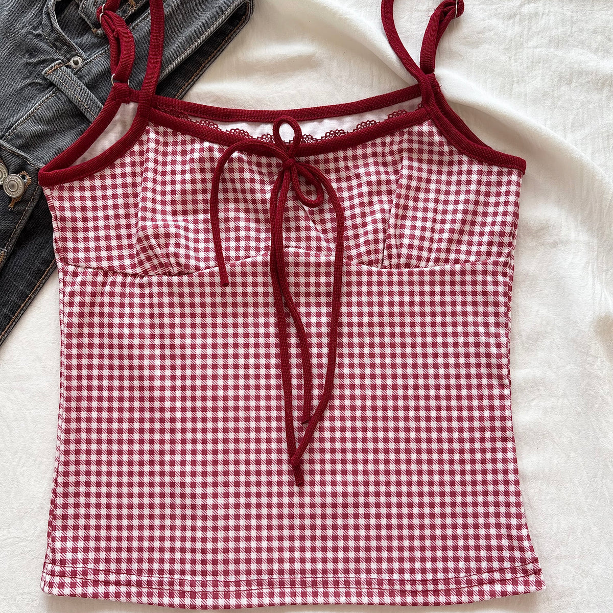 PORCELAIN TOP IN RED GHINGHAM (Bust :  30-34, Upper Waist : 24-29)
