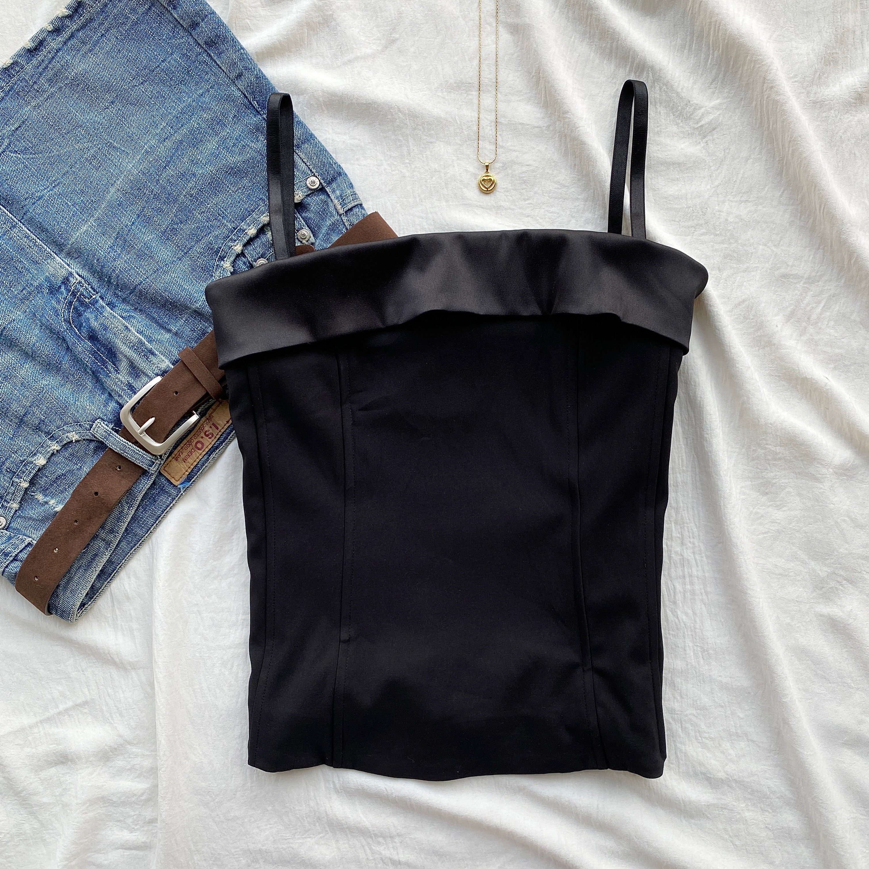 BLACK FOLD-OVER CORSET (Bust : 34-36, Upper Waist : 30-32)