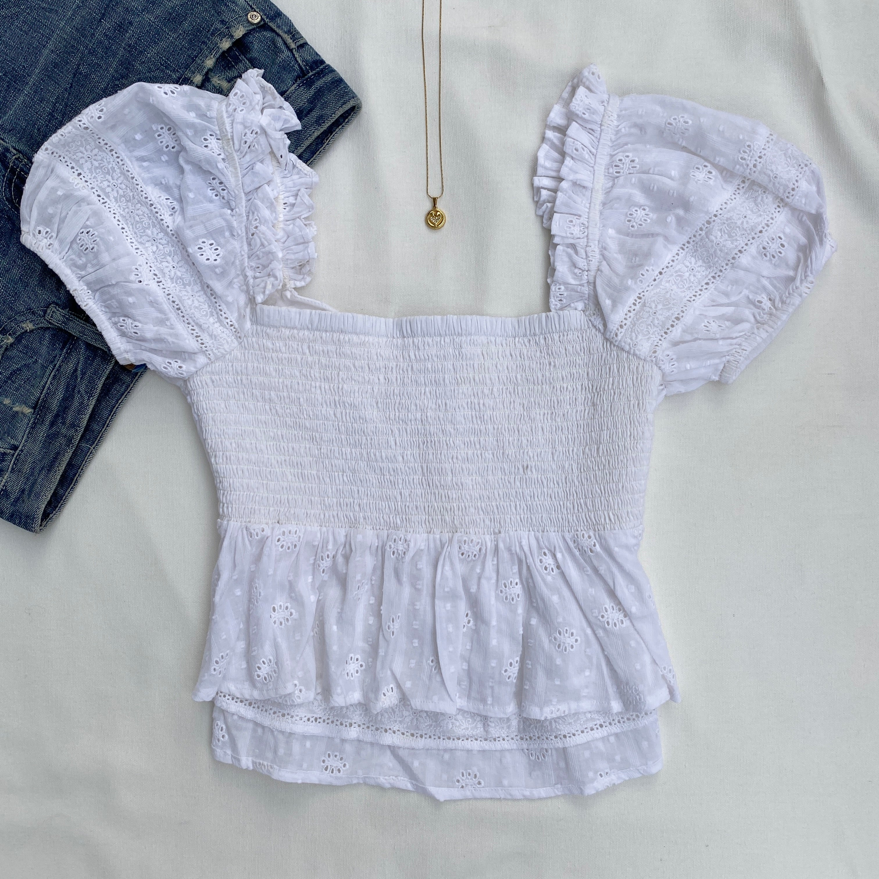 WHITE EYELET TOP (Bust : 30-34, Upper Waist : 26-30)
