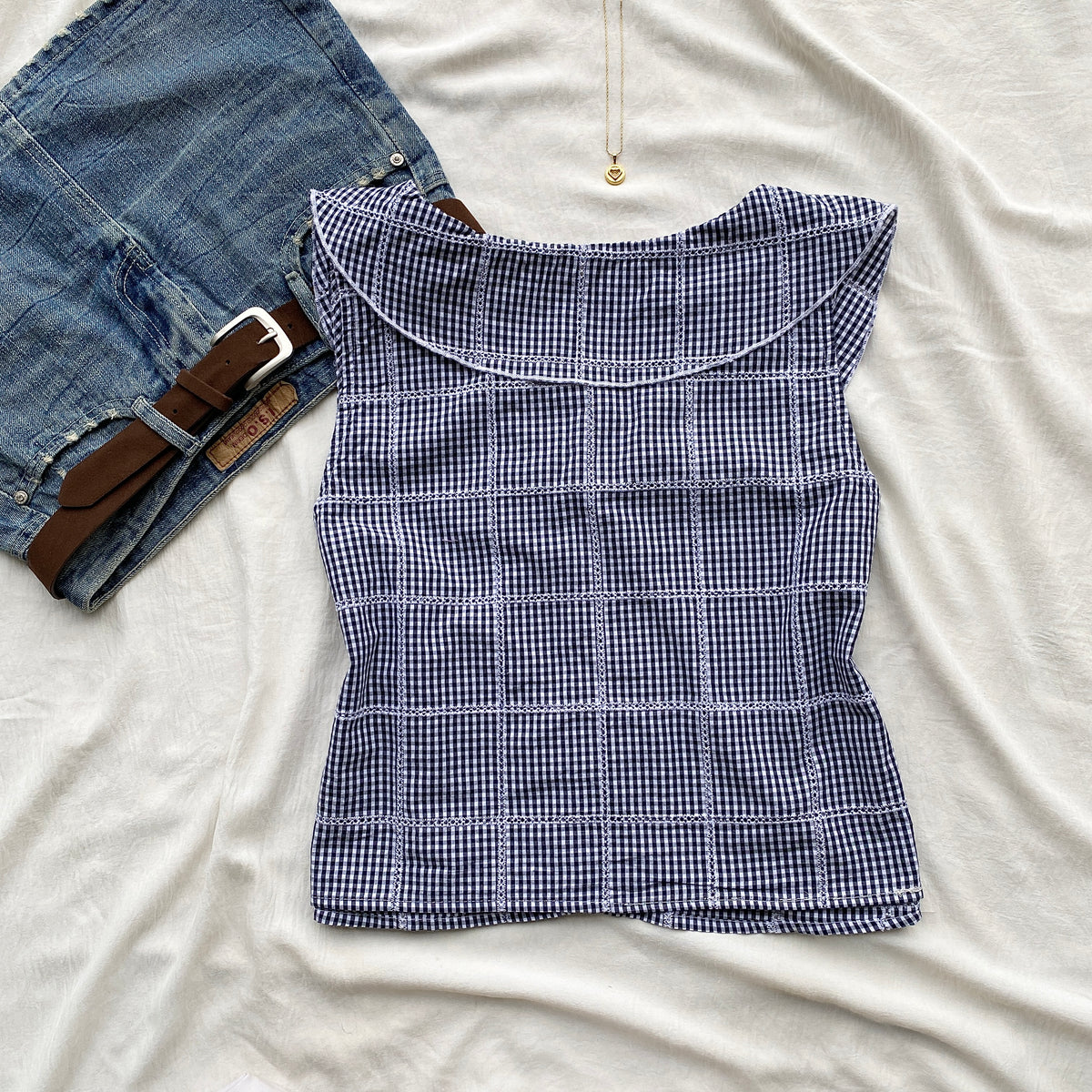BLUE GHINGHAM TOP FROM FREE PEOPLE (Bust : 36-38, Upper Waist : 30-34)