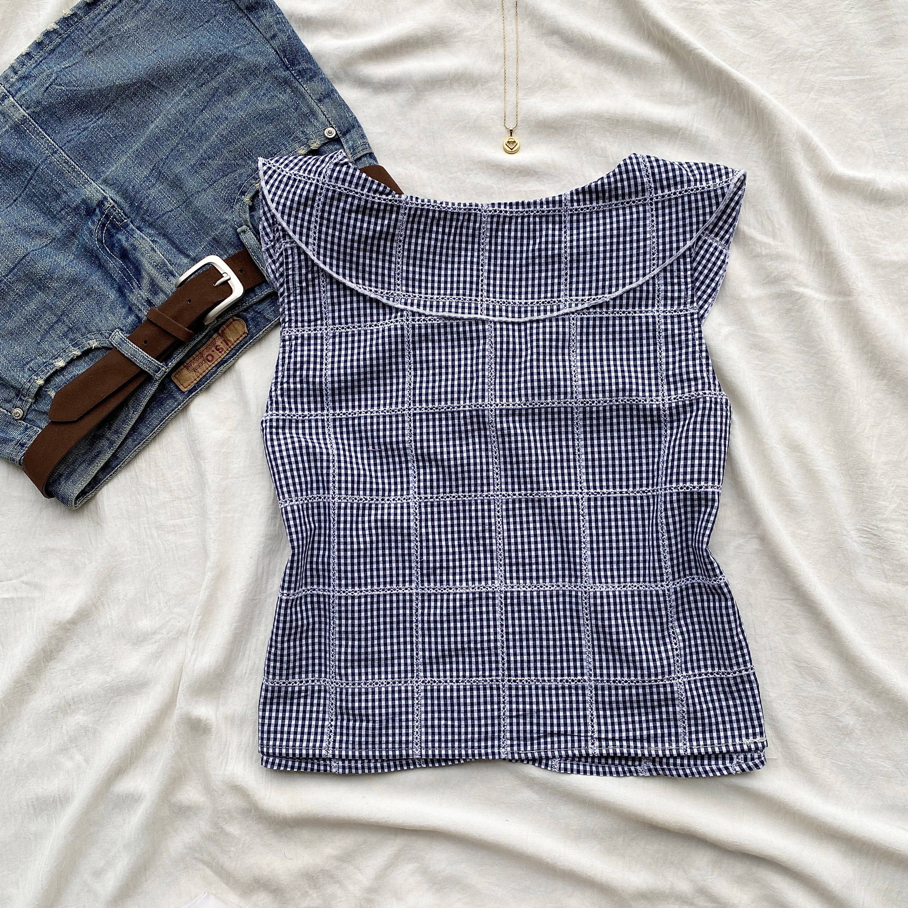 BLUE GHINGHAM TOP FROM FREE PEOPLE (Bust : 36-38, Upper Waist : 30-34)