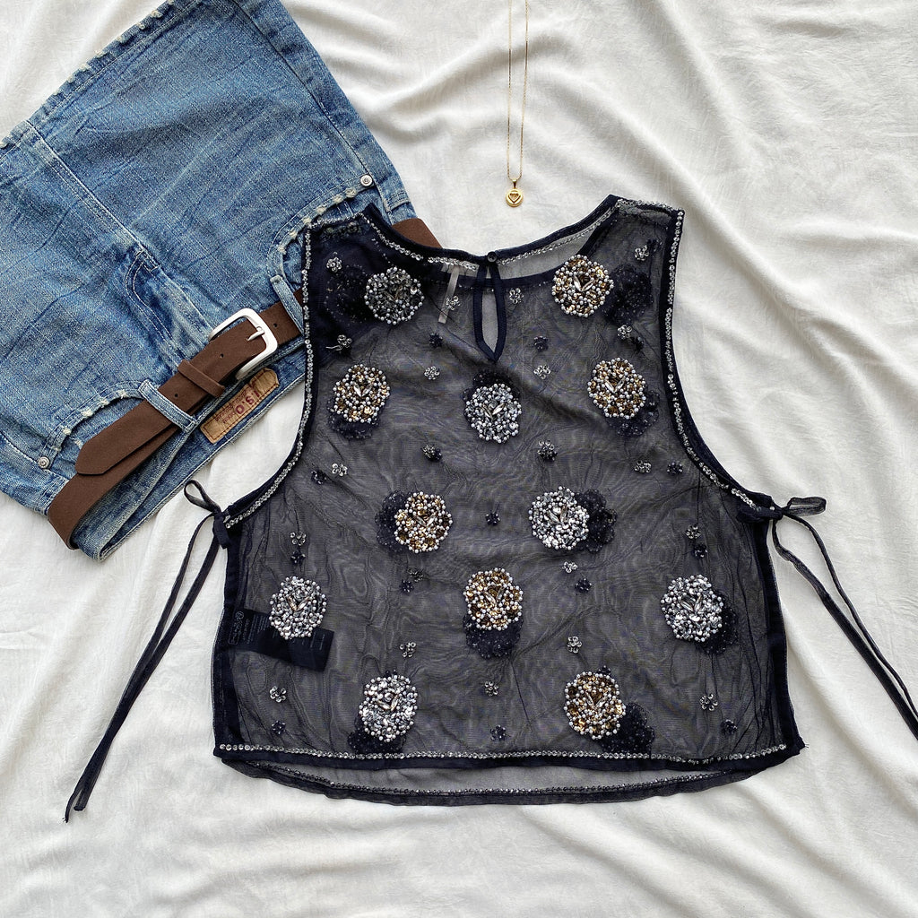 BLACK EMBELLISHED MESH TOP (Bust : 32-34, Upper Waist : 26-32)