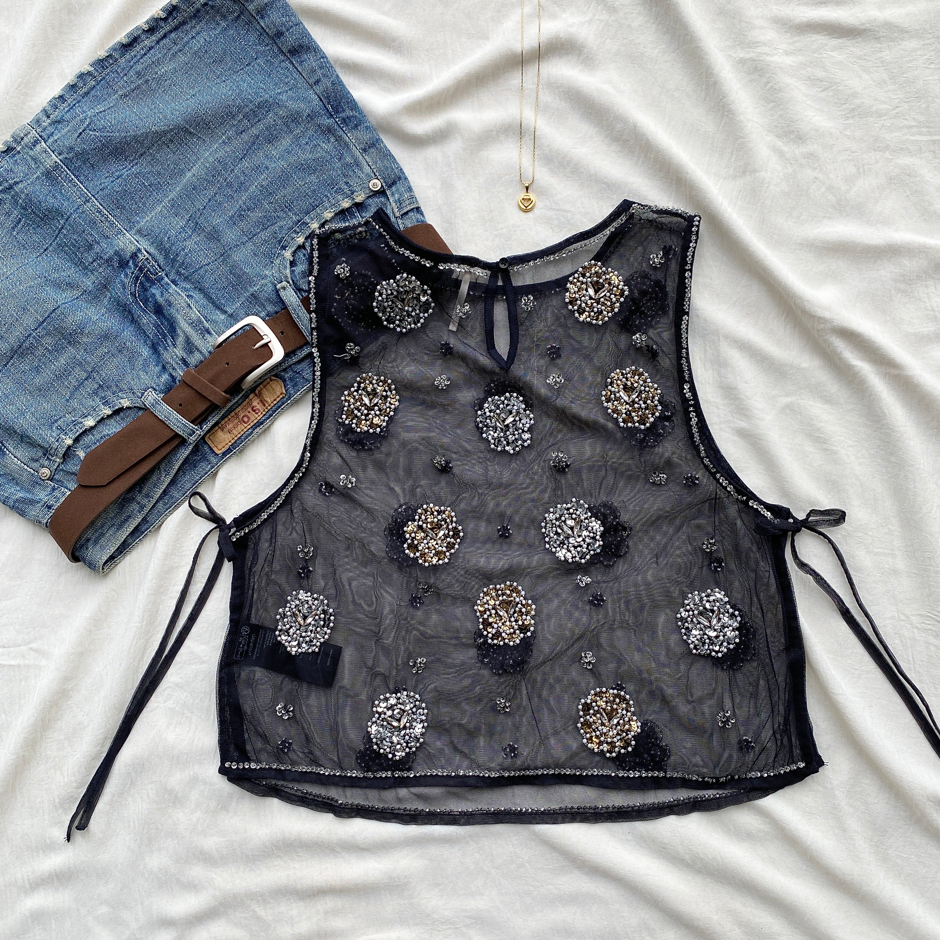 BLACK EMBELLISHED MESH TOP (Bust : 32-34, Upper Waist : 26-32)