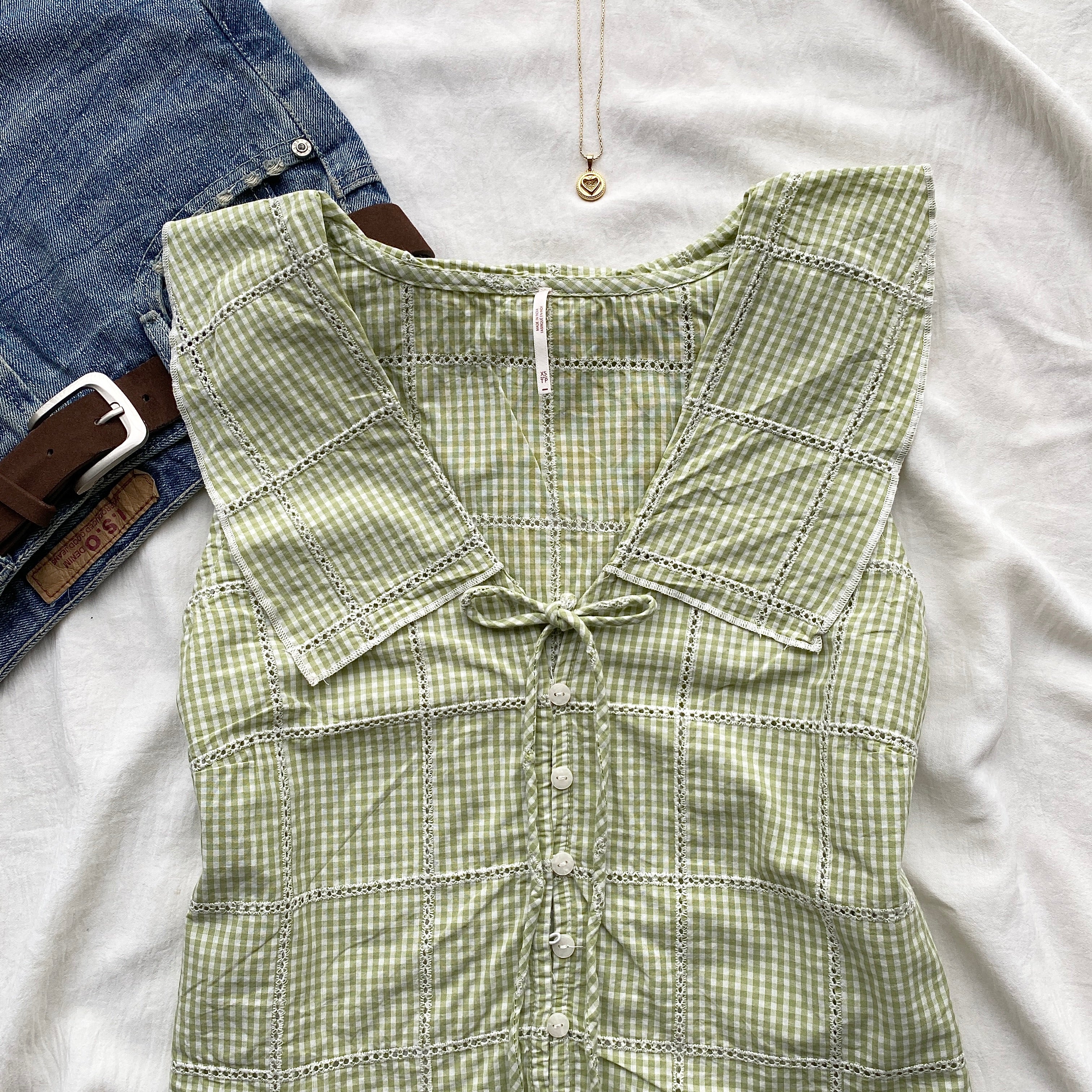 GREEN GHINGHAM TOP FROM FREE PEOPLE (Bust : 30-32, Upper Waist : 24-28)