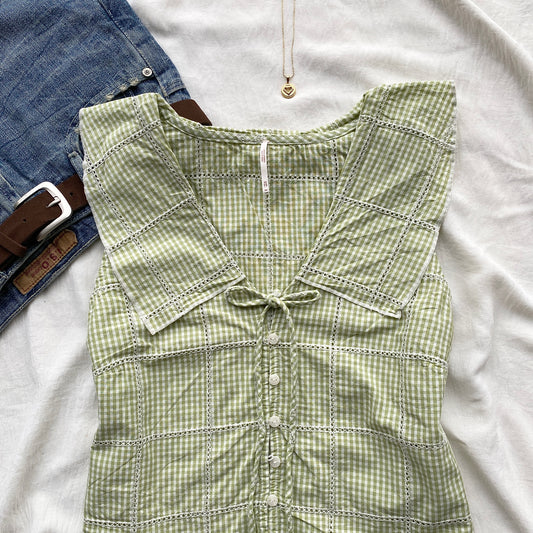 GREEN GHINGHAM TOP FROM FREE PEOPLE (Bust : 30-32, Upper Waist : 24-28)