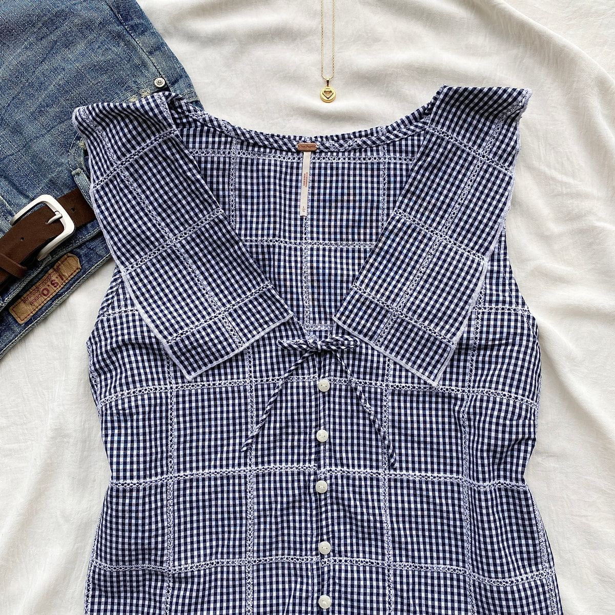BLUE GHINGHAM TOP FROM FREE PEOPLE (Bust : 36-38, Upper Waist : 30-34)