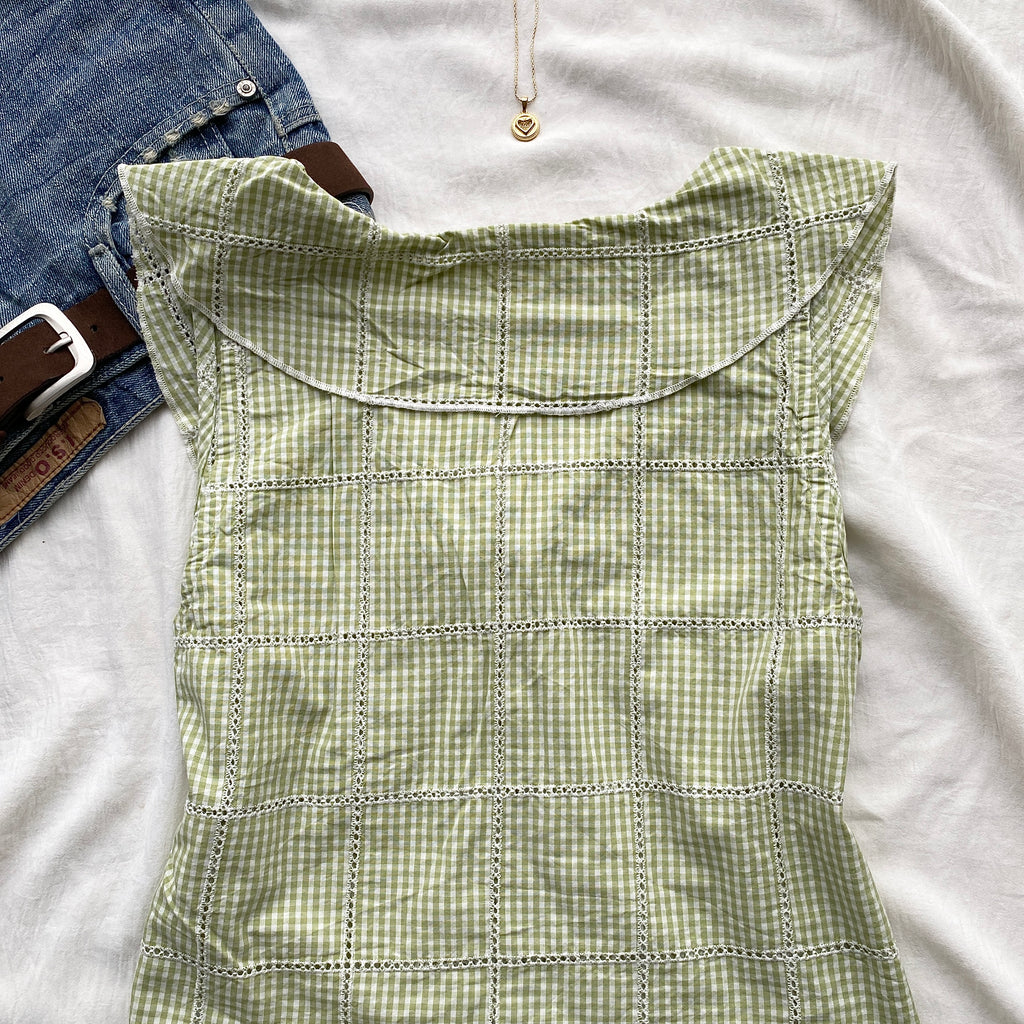 GREEN GHINGHAM TOP FROM FREE PEOPLE (Bust : 30-32, Upper Waist : 24-28)