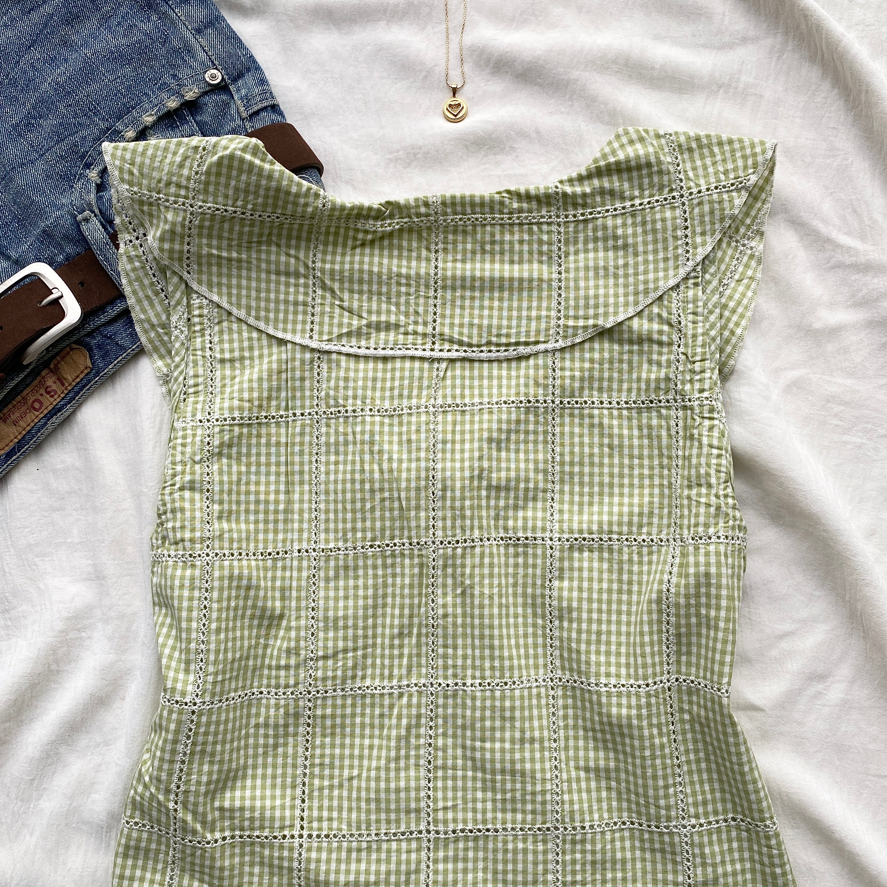GREEN GHINGHAM TOP FROM FREE PEOPLE (Bust : 30-32, Upper Waist : 24-28)