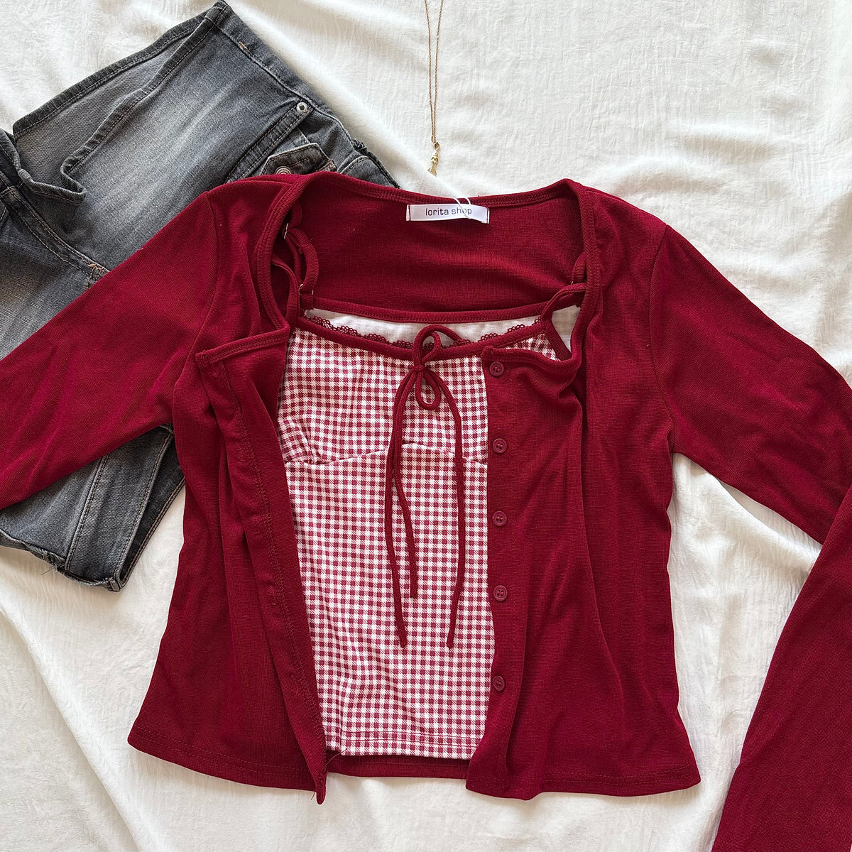 PORCELAIN TOP IN RED GHINGHAM (Bust :  30-34, Upper Waist : 24-29)