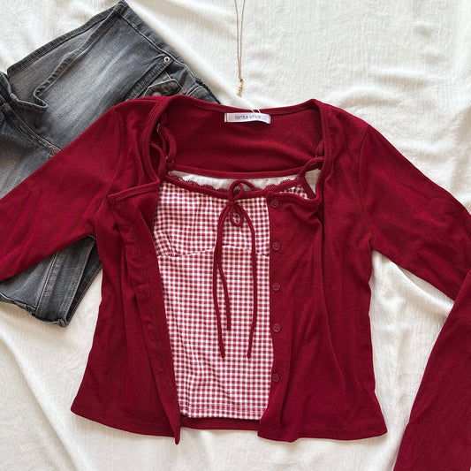 PORCELAIN TOP IN RED GHINGHAM (Bust :  30-34, Upper Waist : 24-29)