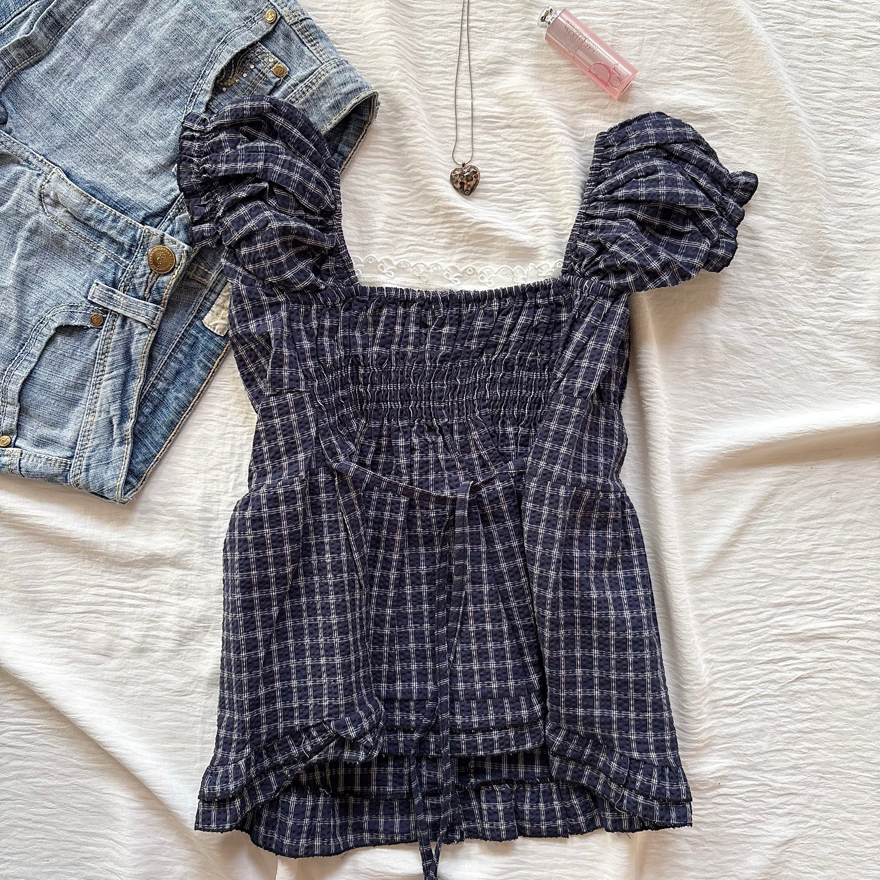 PLAID TOP IN NAVY BLUE (Bust : 28-34, Upper Waist : 24-28)
