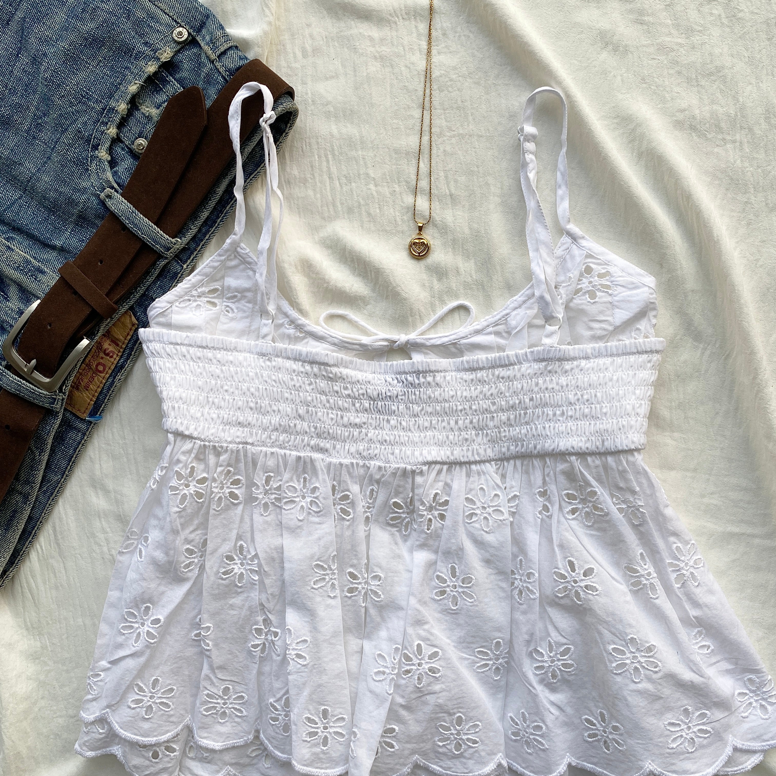 WHITE EYELET TOP (Bust : 34-36, Upper Waist : Free)