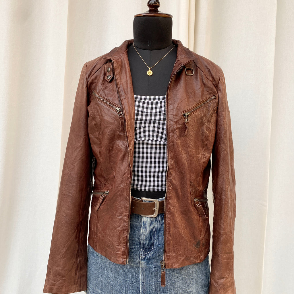 BROWN LEATHER JACKET (Fits XS/S/M)