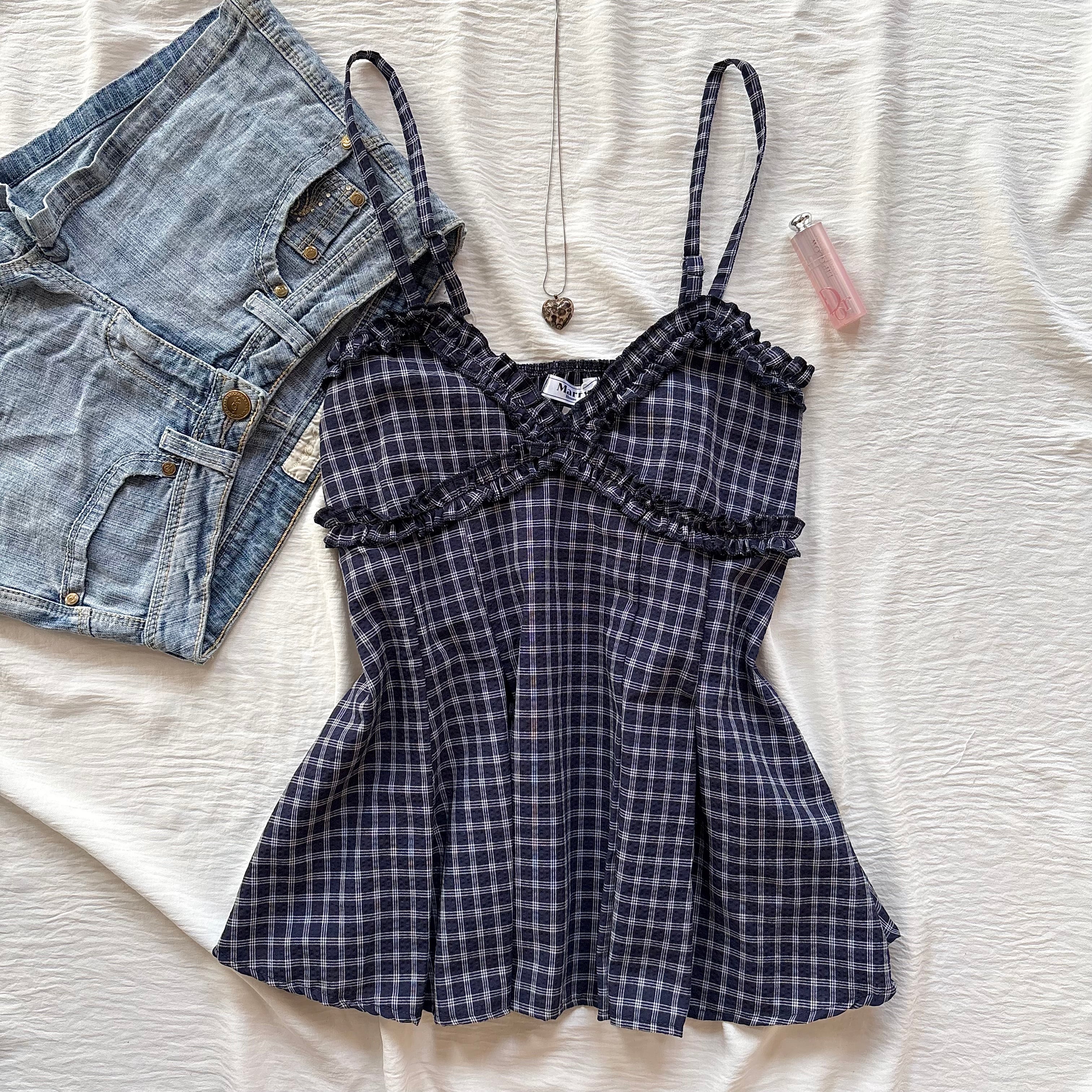 PLAID BABYDOLL TOP IN NAVY BLUE (Bust : 28-34, Upper Waist : Free)