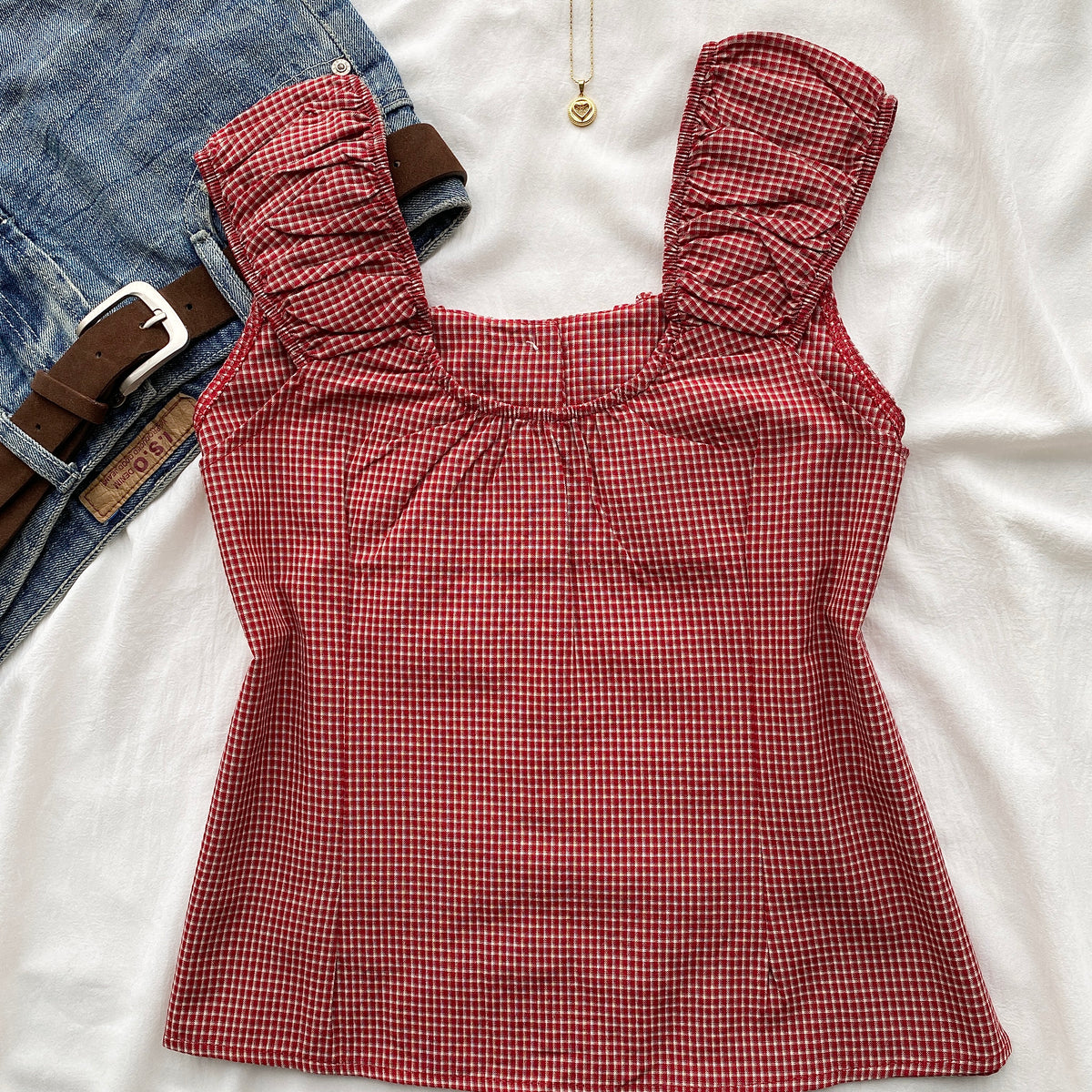 DOLLY PLAID TOP IN RED (Bust : 32-34, Upper Waist : 28-32)