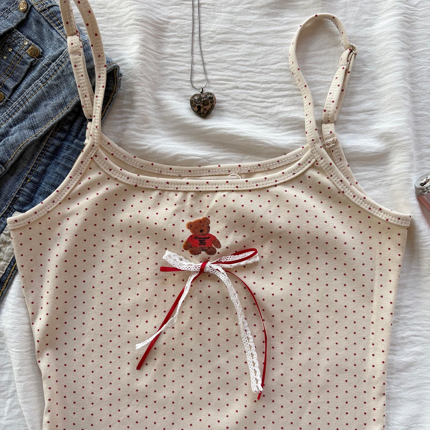 TEDDY BEAR POLKA DOT TANK IN RED (Bust : 28-34, Upper Waist : 22-28)