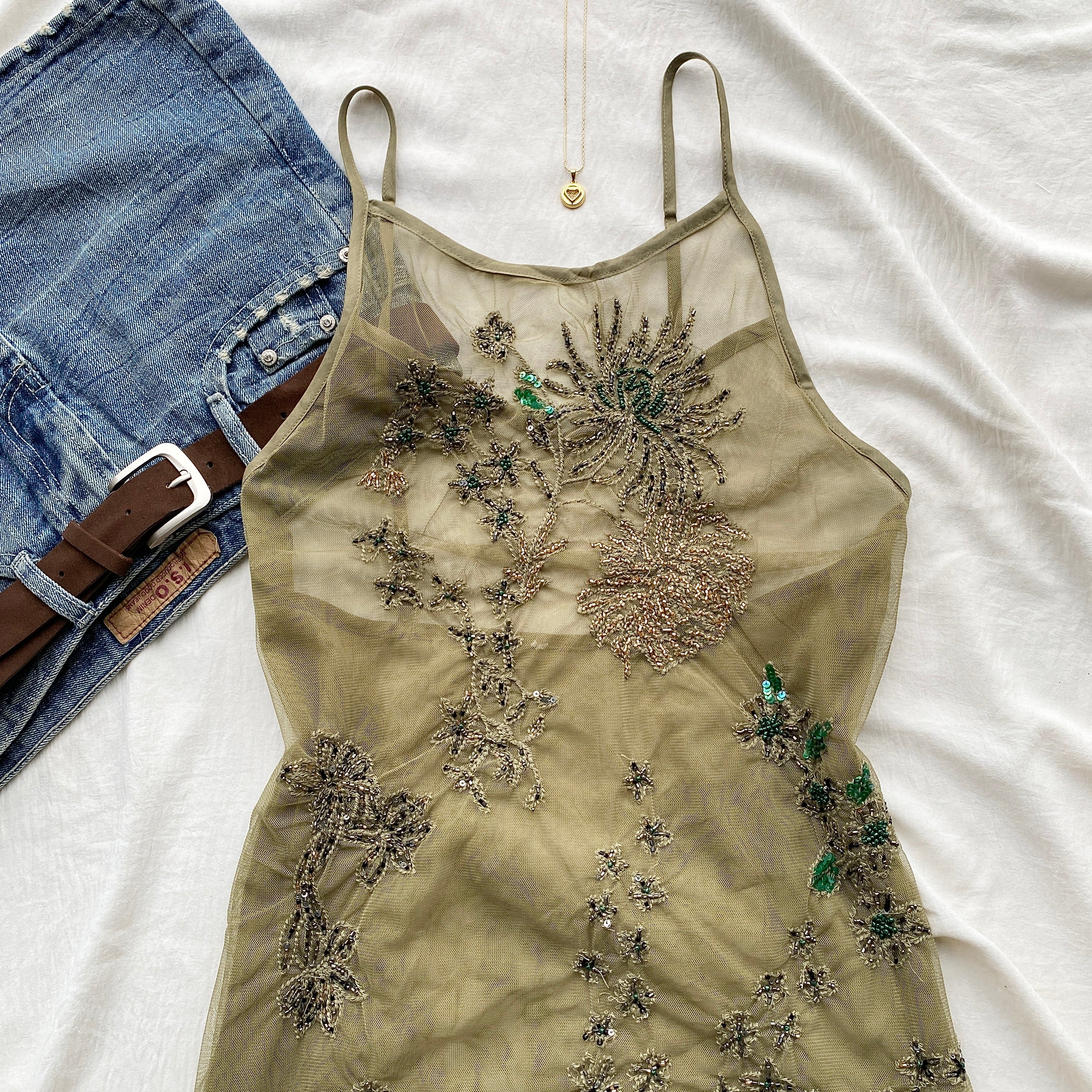GREEN EMBELLISHED FAIRY TOP FROM FREE PEOPLE (Bust : 30-34, Upper Waist : 24-28)