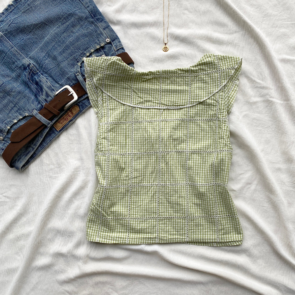 GREEN GHINGHAM TOP FROM FREE PEOPLE (Bust : 30-32, Upper Waist : 24-28)