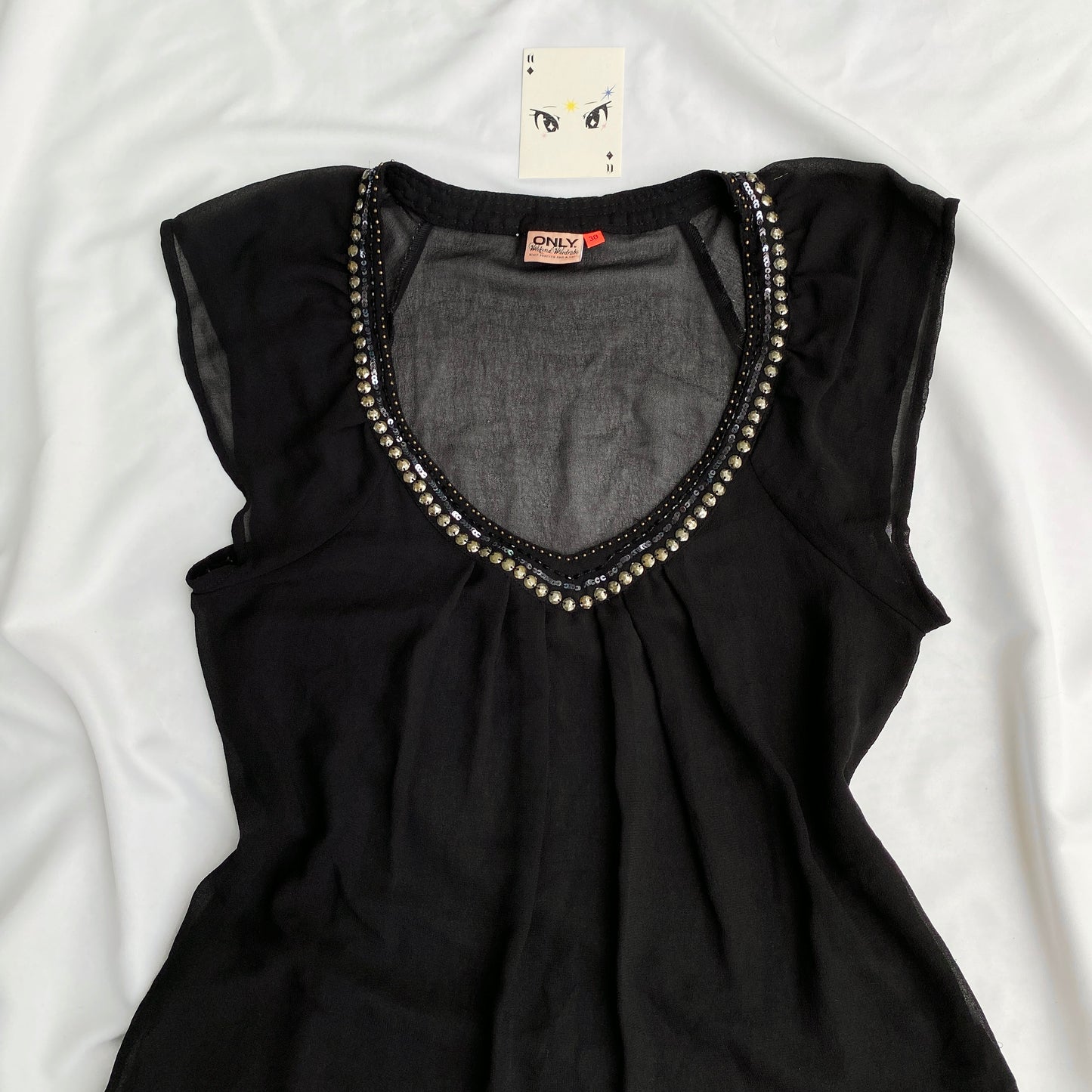 BLACK MESH TOP WITH EMBELLISHED NECKLINE FROM ONLY (Bust : 34-38)