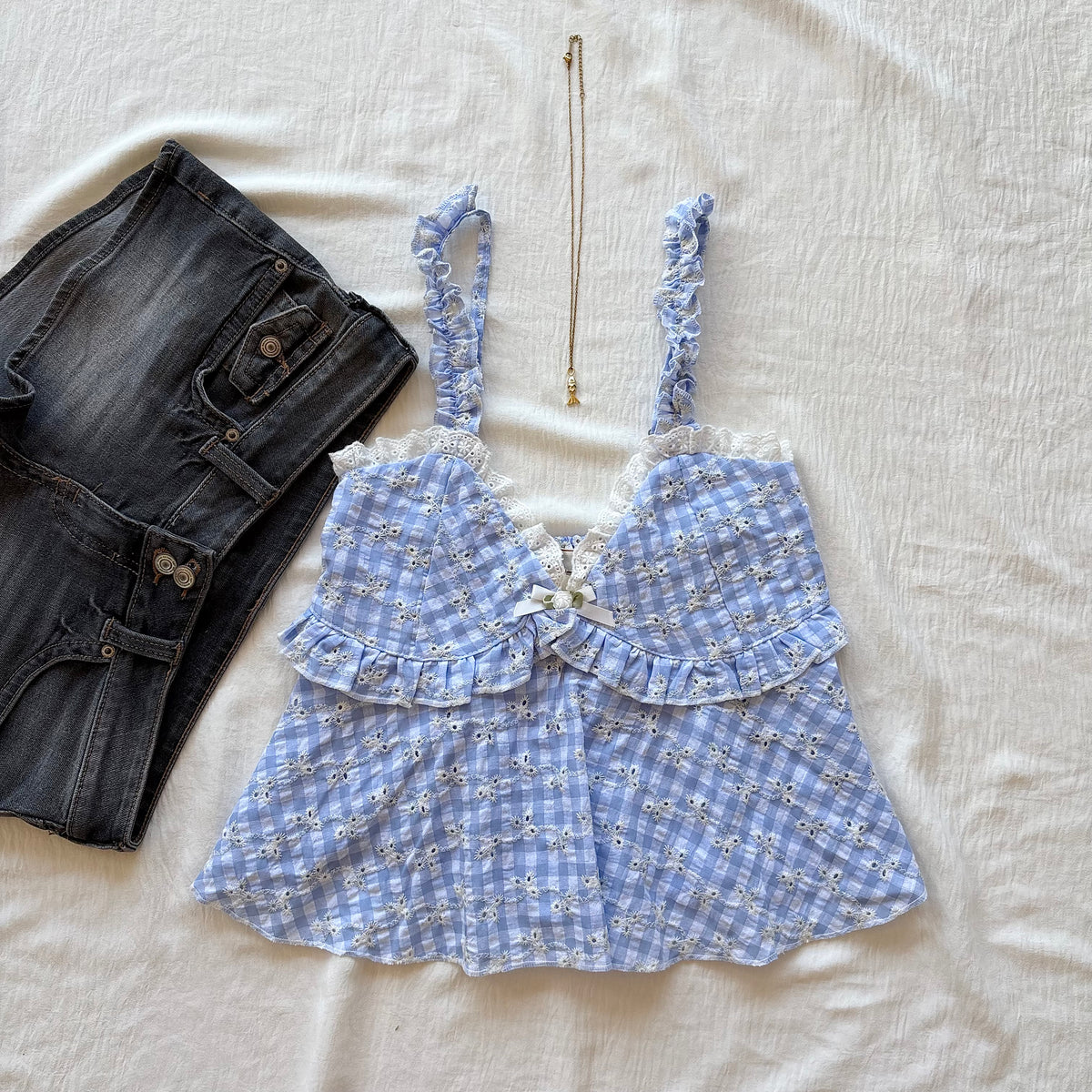 LOVE NOTE TOP IN BLUE GINGHAM (Bust : 28-32, Upper Waist : 23-28)