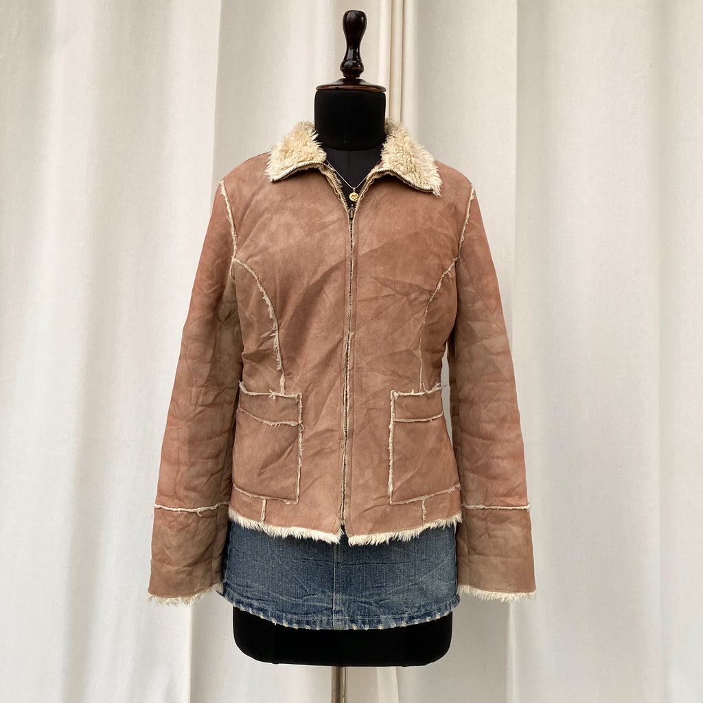 BEIGE SUEDE LEATHER JACKET WITH FURR (Fits XS/S/M)