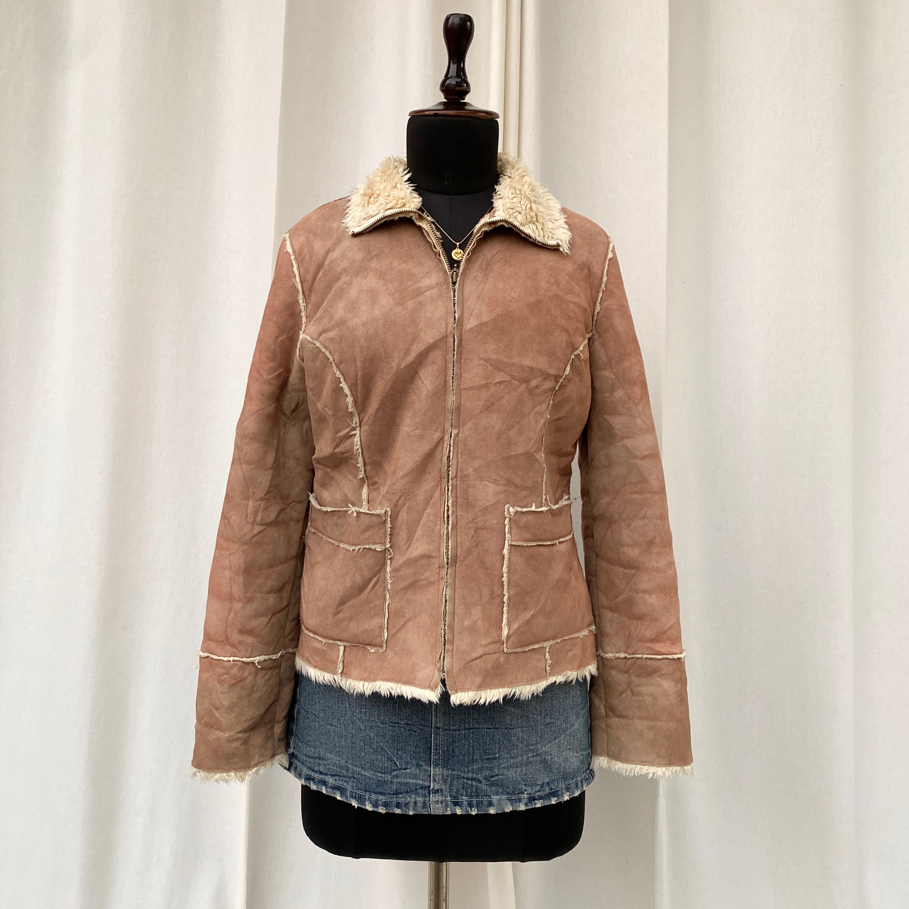 BEIGE SUEDE LEATHER JACKET WITH FURR (Fits XS/S/M)